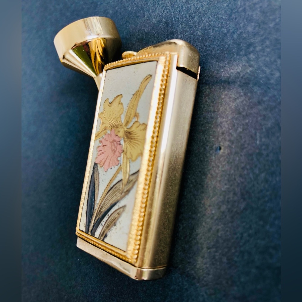 Nacon Vintage PURSE PERFUME SPRAY Etched Orchid Flower Gold Atomizer RARE - Picture 7 of 15